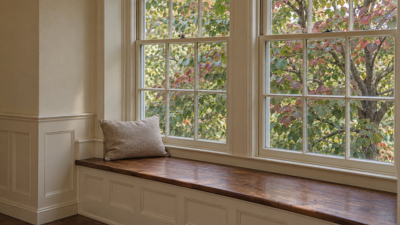 Divided-light bay windows above a walnut seat, with burgundy-edged dogwood leaves visible outside.