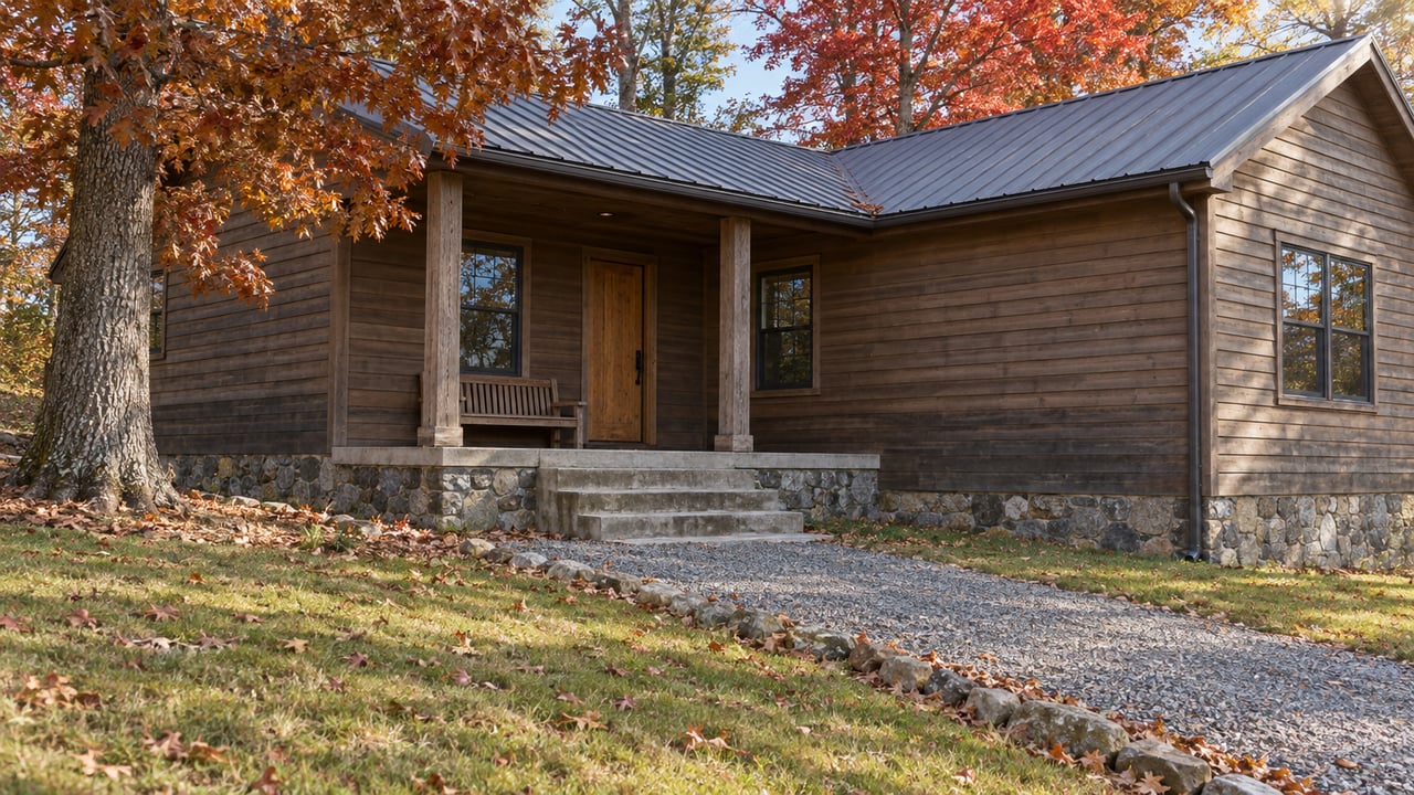 Modest brown timber home with a covered porch, concrete steps and gravel path beneath russet oak and red maple foliage.