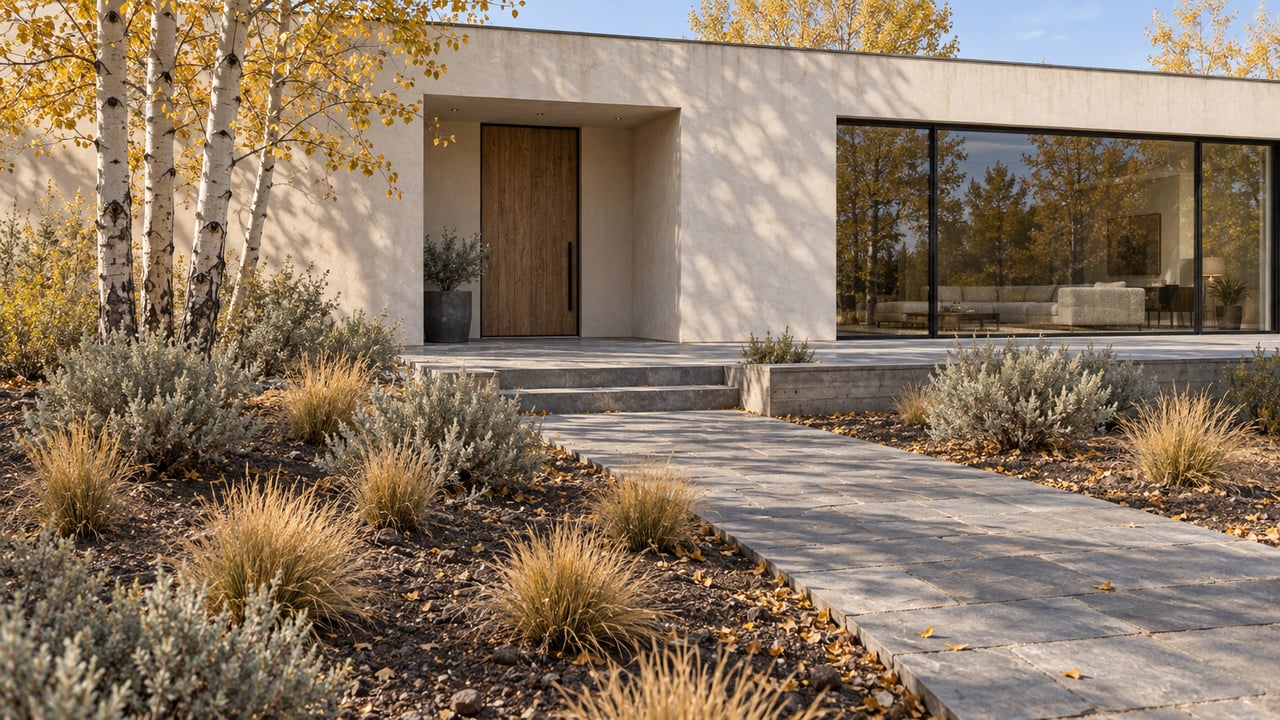 Low white-stucco home with black-framed glass and a stone approach across silver sagebrush, dormant bunchgrass, and yellow-leaved aspens.