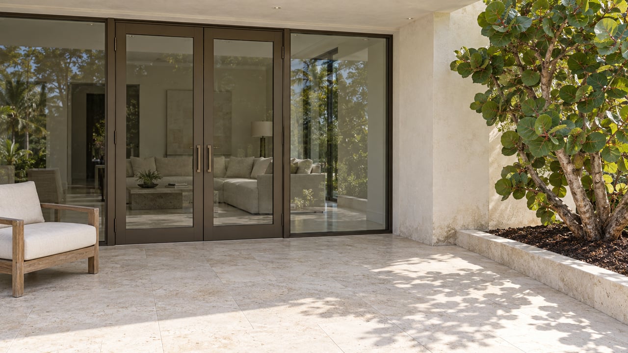 Sunlit limestone terrace with bronze-framed glass doors, a teak lounge chair and a sculptural sea-grape tree beside a cream stucco home.