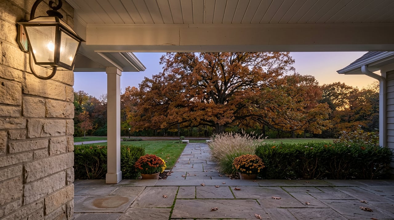 Stone porch opening onto a flagstone walkway and lawn, with a copper-leaved oak at dusk.