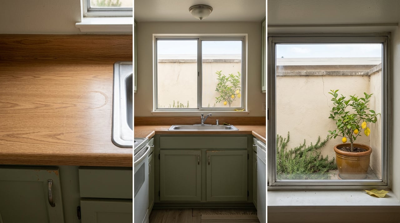 Compact kitchen with sage cabinets and oak-pattern counters, looking toward a sink window and potted lemon tree.