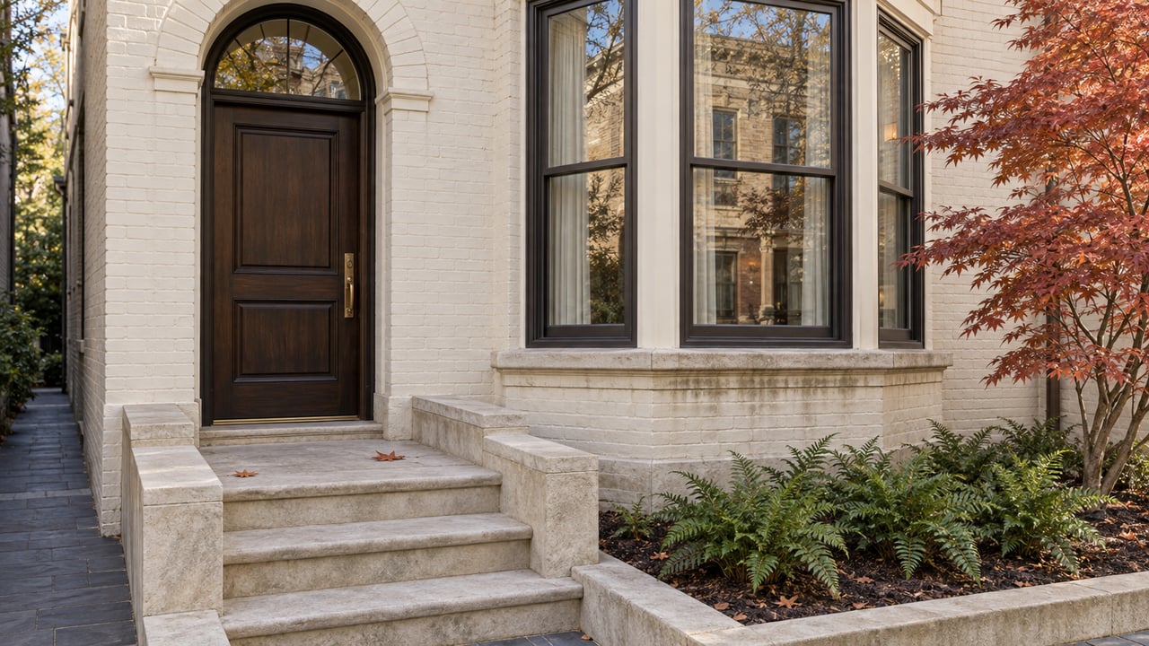 Ivory-painted brick townhouse entrance beside a bronze-framed bay window, limestone steps and copper-red maple leaves.