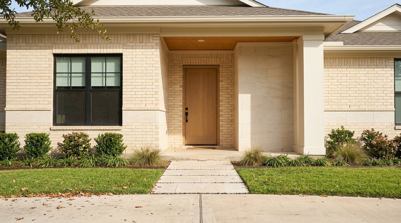 Front porch entry with exterior material details and foundation planting.