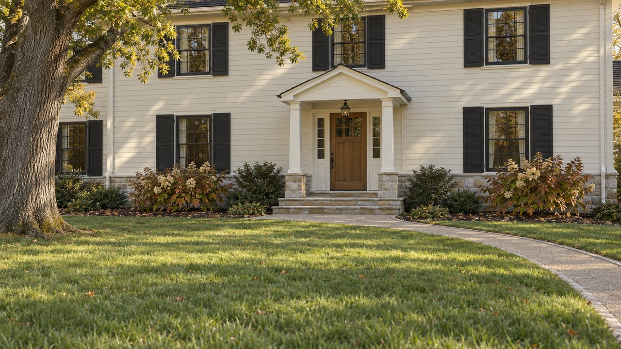 Traditional ivory-sided home with limestone entry steps, a broad autumn lawn, white oak and oakleaf hydrangeas.
