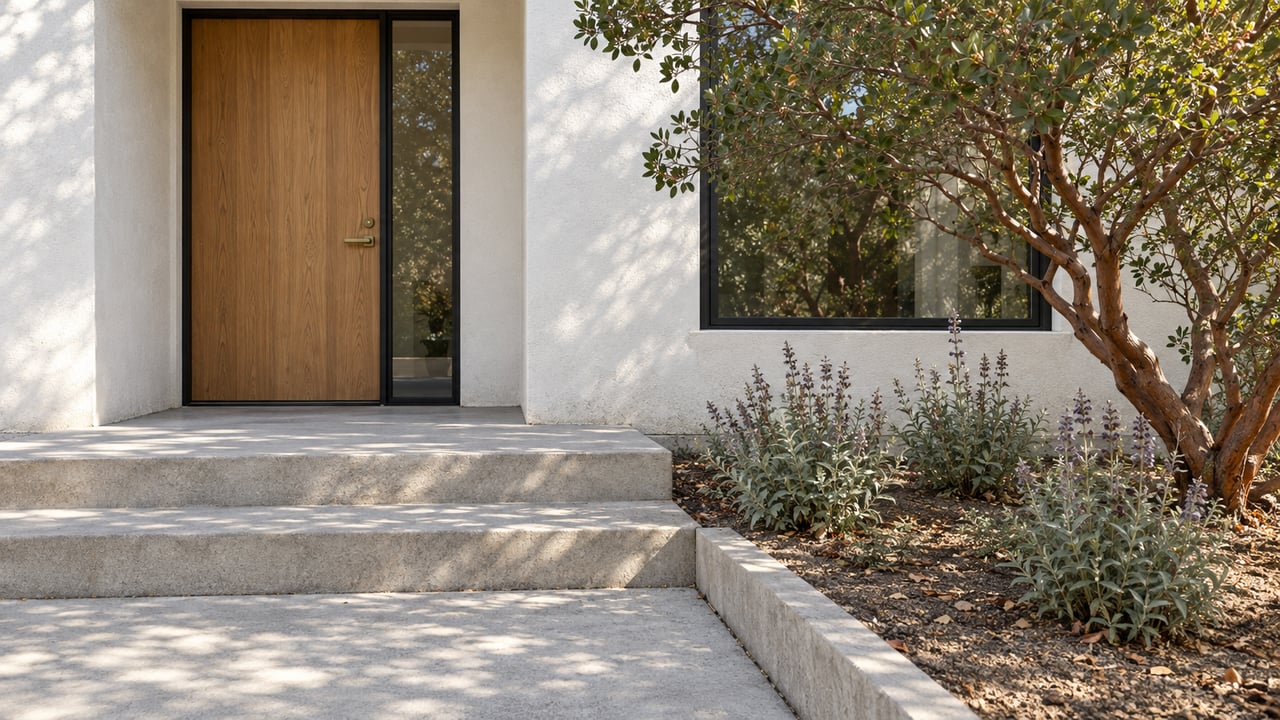 White stucco home entry with an oak door, black-framed window, concrete steps and a sculptural manzanita beside native sage.