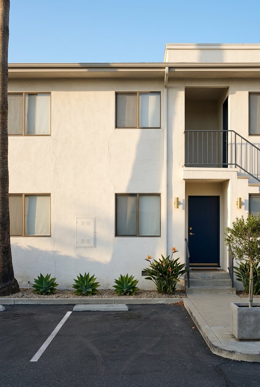 Two-story garden-style apartment entry beside a small parking court, with navy-and-brass details and drought-tolerant plants.