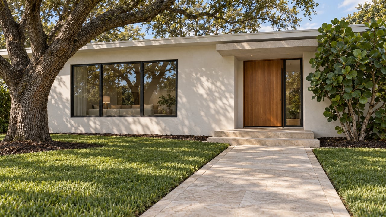 Renovated white-stucco home with black-framed glazing, a teak entrance and a limestone garden approach shaded by a mature live oak.