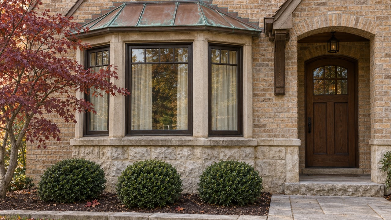 A brick home's oak-framed bay windows, weathered copper roof and limestone entrance beside burgundy maple leaves.