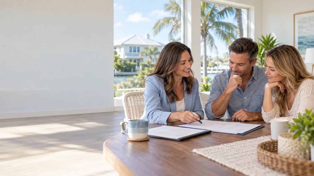 Real estate agent reviewing home purchase paperwork with buyers in a Florida home
