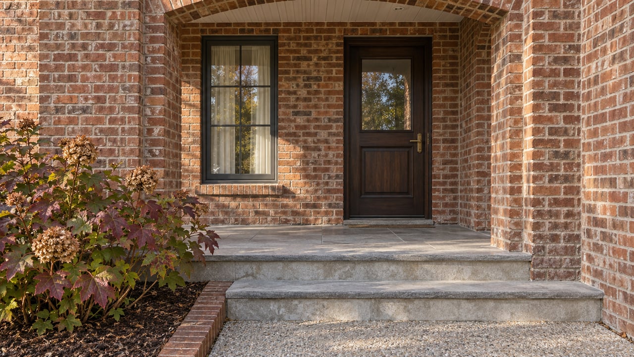 Warm brick home entrance with a dark oak door, limestone steps and autumn oakleaf hydrangea.