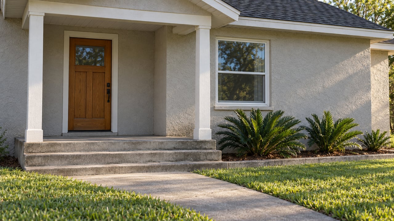 Stucco home entrance with a covered porch, wooden door, concrete steps, and cycads.