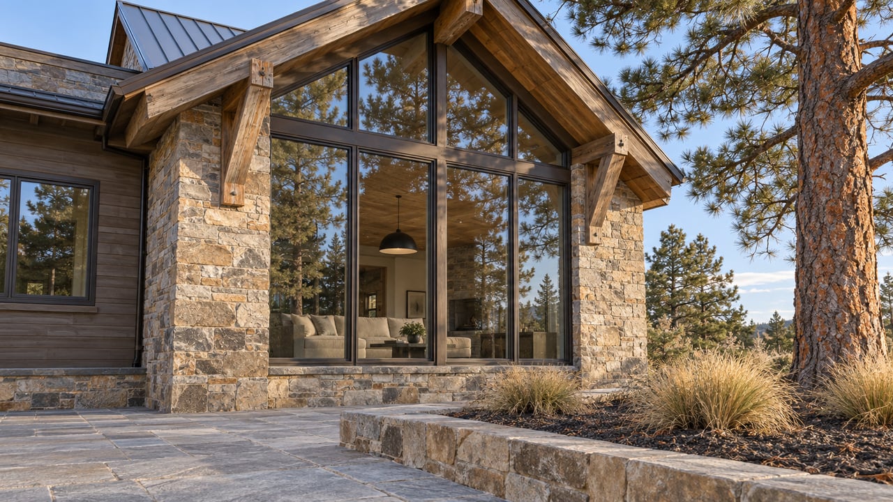 Autumn sunlight on a timber-gabled home with sandstone piers, tall bronze-framed windows and a specimen ponderosa pine beside a stone terrace.