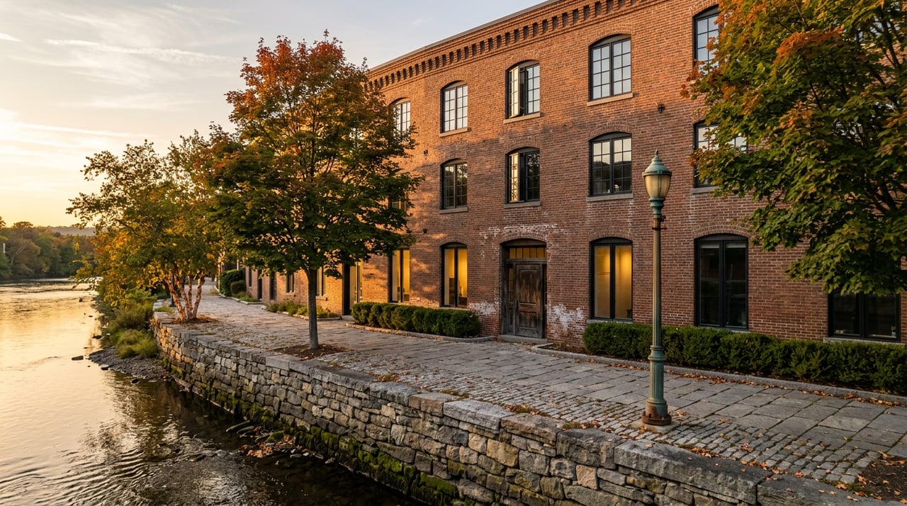 Converted brick building beside a riverside walkway, with a lamppost, autumn trees, and sunset reflected on the water.