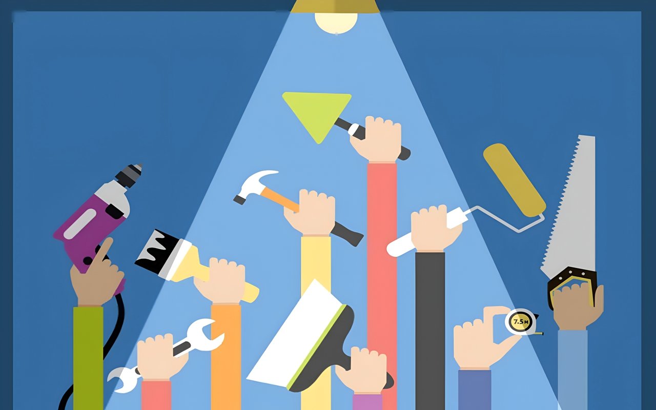 Illustration of raised hands holding tools for home repairs.