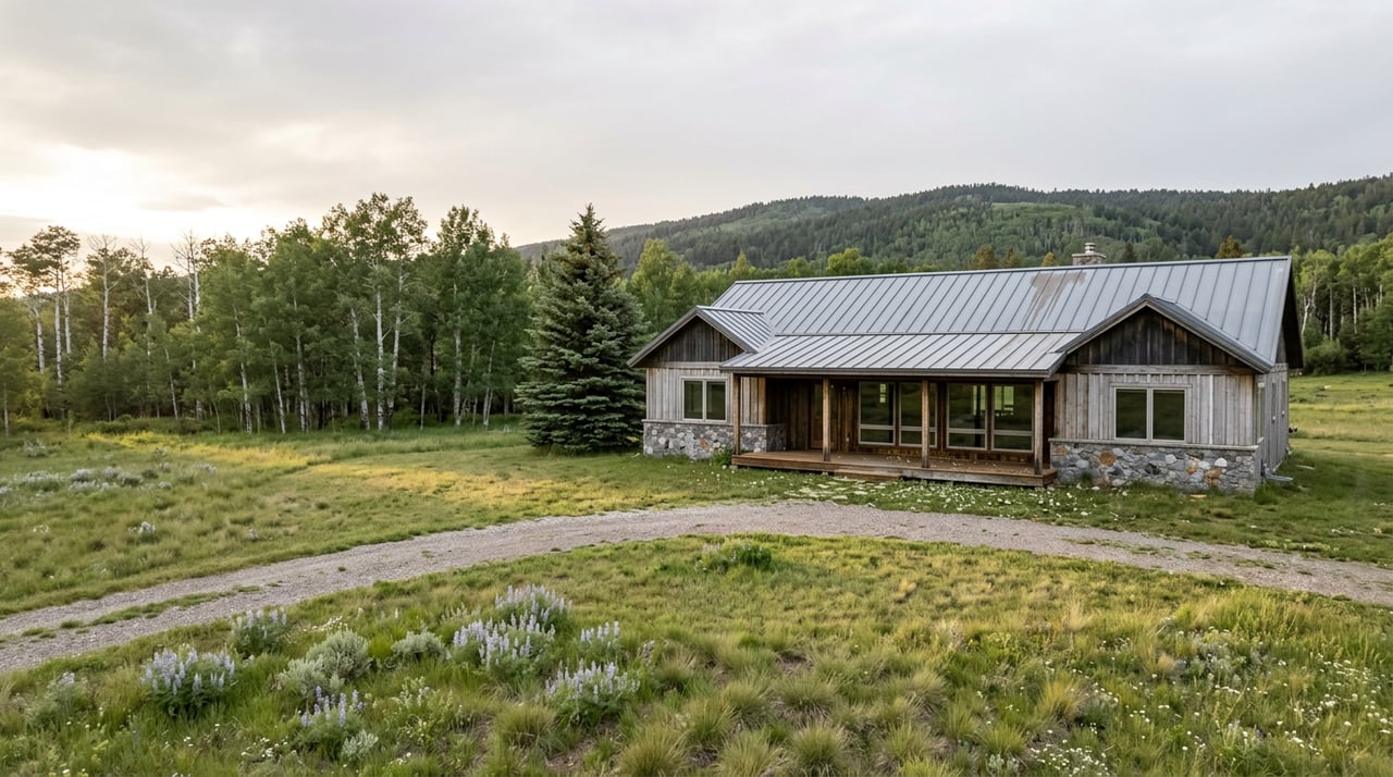 Set-back mountain home with a metal roof and timber porch, beyond a meadow and curving gravel drive.