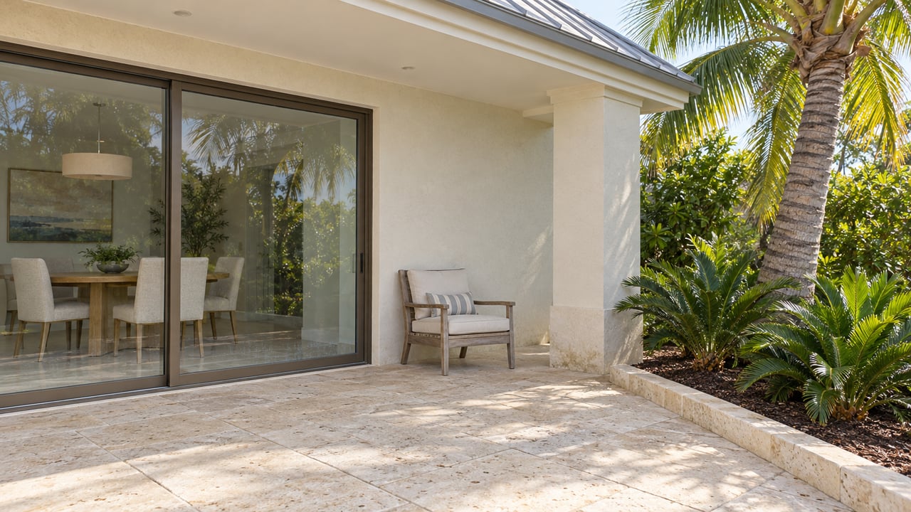 Cream-stucco home with a shaded limestone terrace, bronze-framed glass doors, teak chair and sculptural tropical planting.