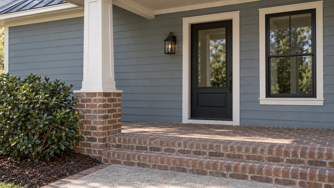 Blue-gray home entrance with a covered porch, black glazed door, brick steps, and a glossy-leaved camellia.