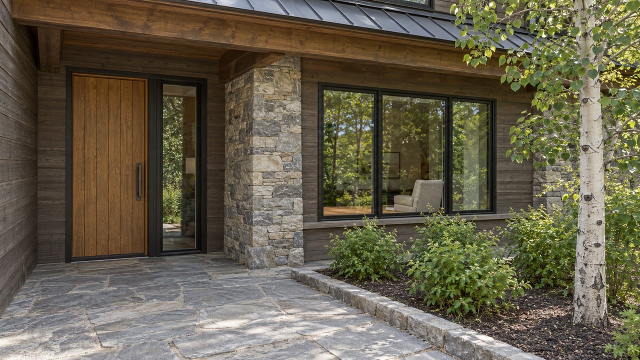 Timber-and-stone home entrance with tall glazing, a quartzite approach, and an aspen beside a raised stone garden edge.
