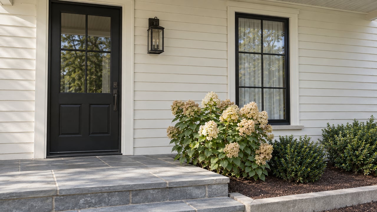 Cream clapboard house entry with black-framed door and window, bluestone steps, and aging hydrangea blooms.