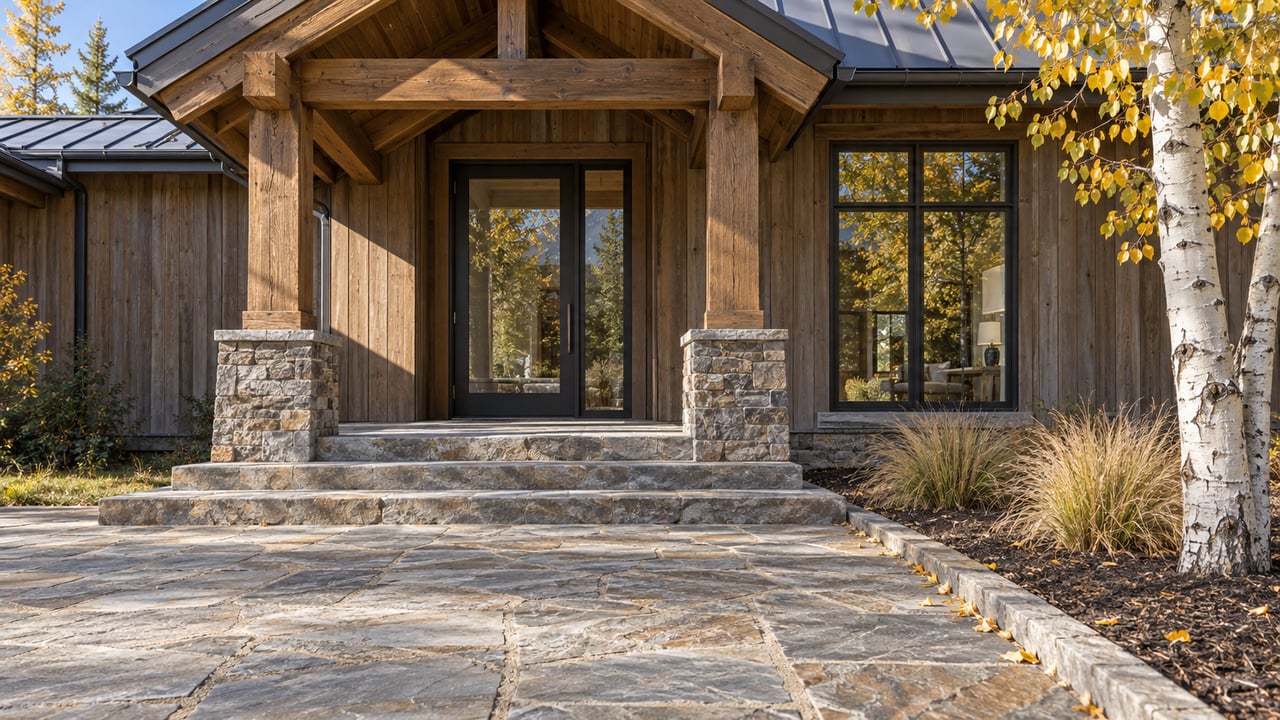 Timber-and-stone home entrance with bronze-framed glazing, broad quartzite steps and a yellow-leaved aspen beside an open paved approach.