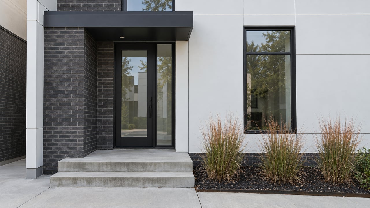 Modern townhouse entry with charcoal brick, white panels, concrete steps, and copper-tipped grasses.
