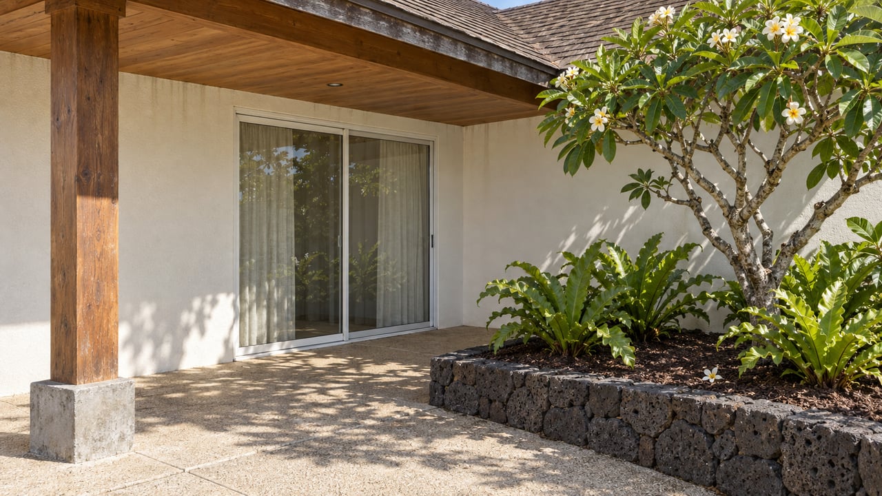 Covered home patio with a timber roof, sliding glass door, and tropical plants in a lava-rock planter.