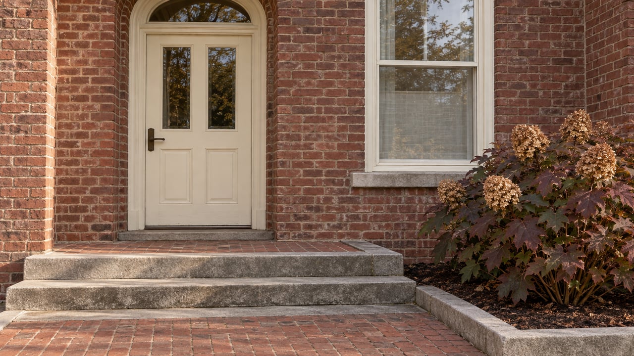 Red-brick townhouse entrance with an ivory door, worn limestone steps and burgundy oakleaf hydrangea.