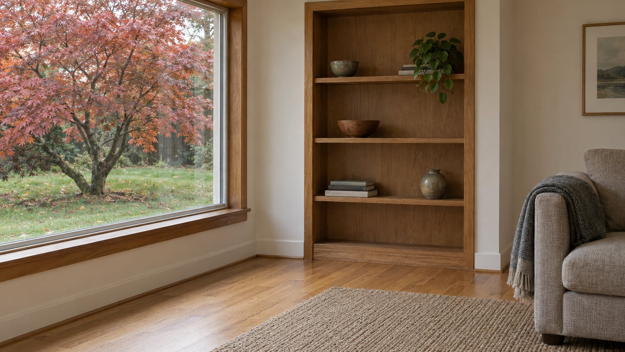 Living room with oak floors, a built-in bookcase, and a picture window overlooking a red-leaved maple.