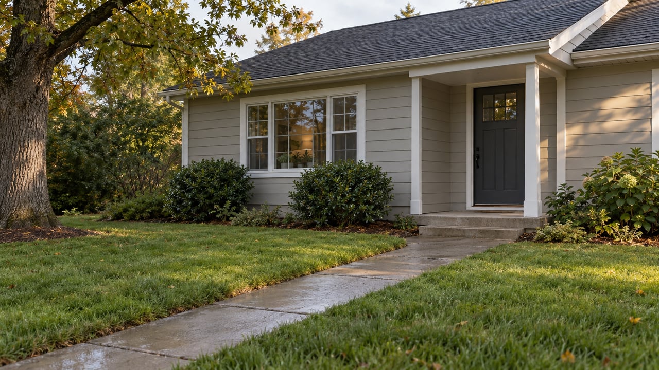 Single-story house with recessed entry, multi-pane window, and diagonal concrete walk across deep lawn.