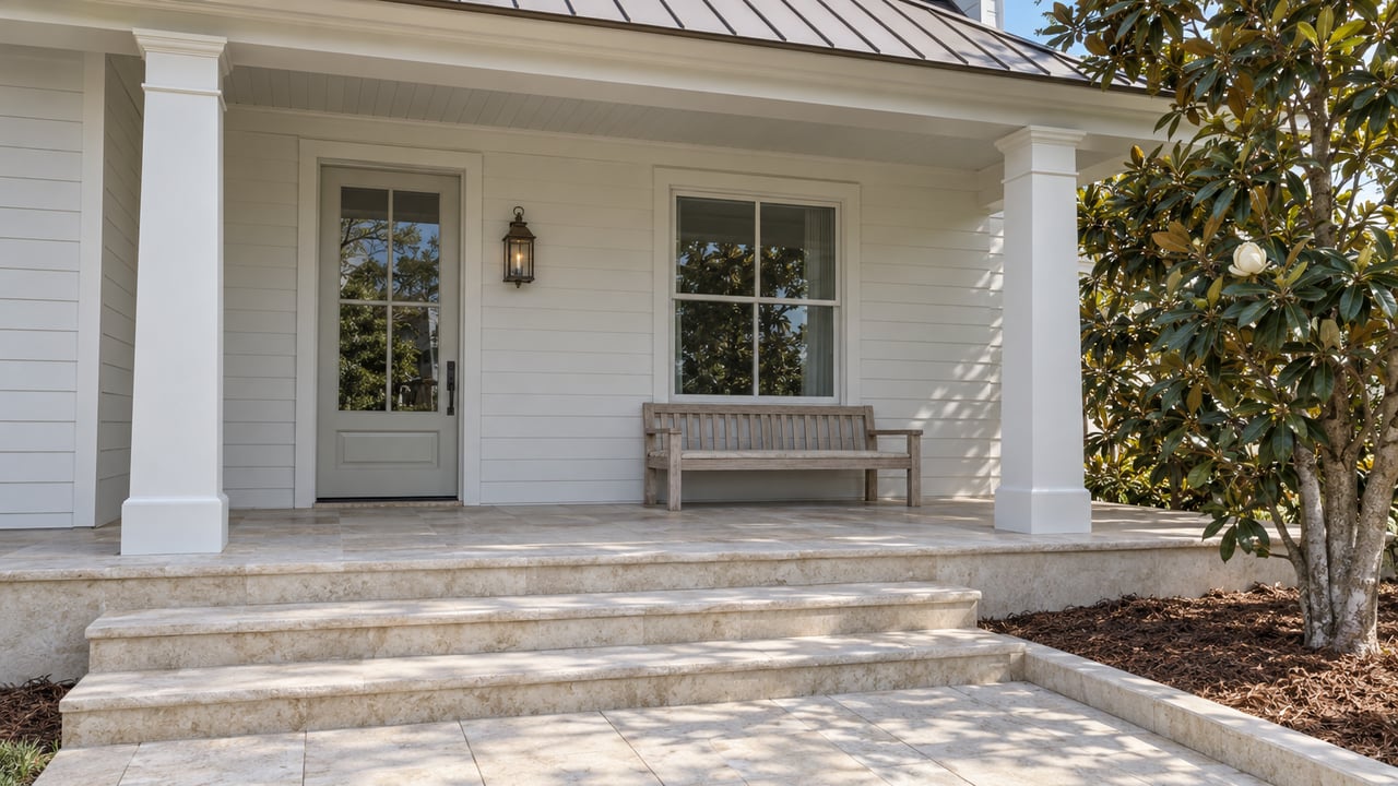 White wood-sided home with a deep porch, glass entry door, limestone steps and a magnolia beside the approach.