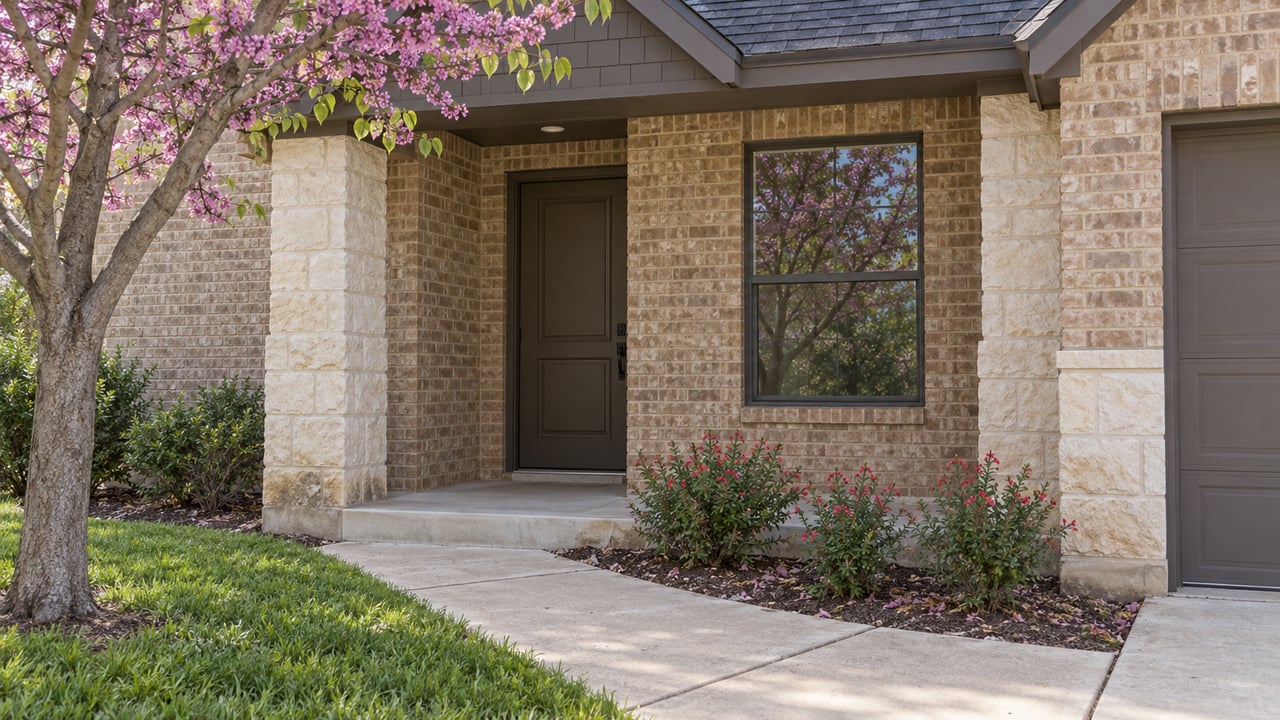 Recessed dark entry door beside a rectangular window in a tan brick house, with limestone piers and redbud branches.