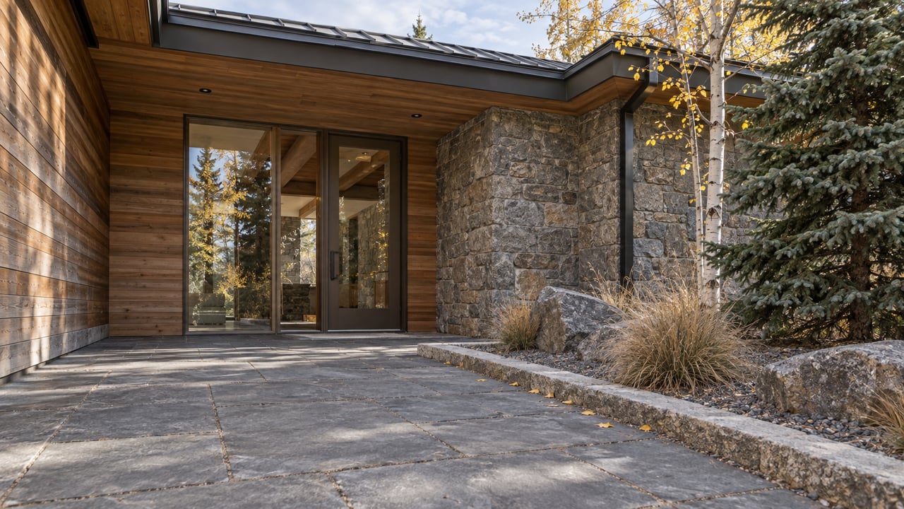 Cedar and granite home entrance beneath a deep metal-roof overhang, with stone courtyard paving and autumn planting.