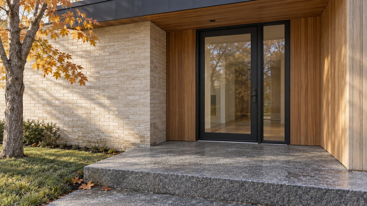 Autumn light across a cream brick and cedar entry with a black-framed glass door and broad granite step.