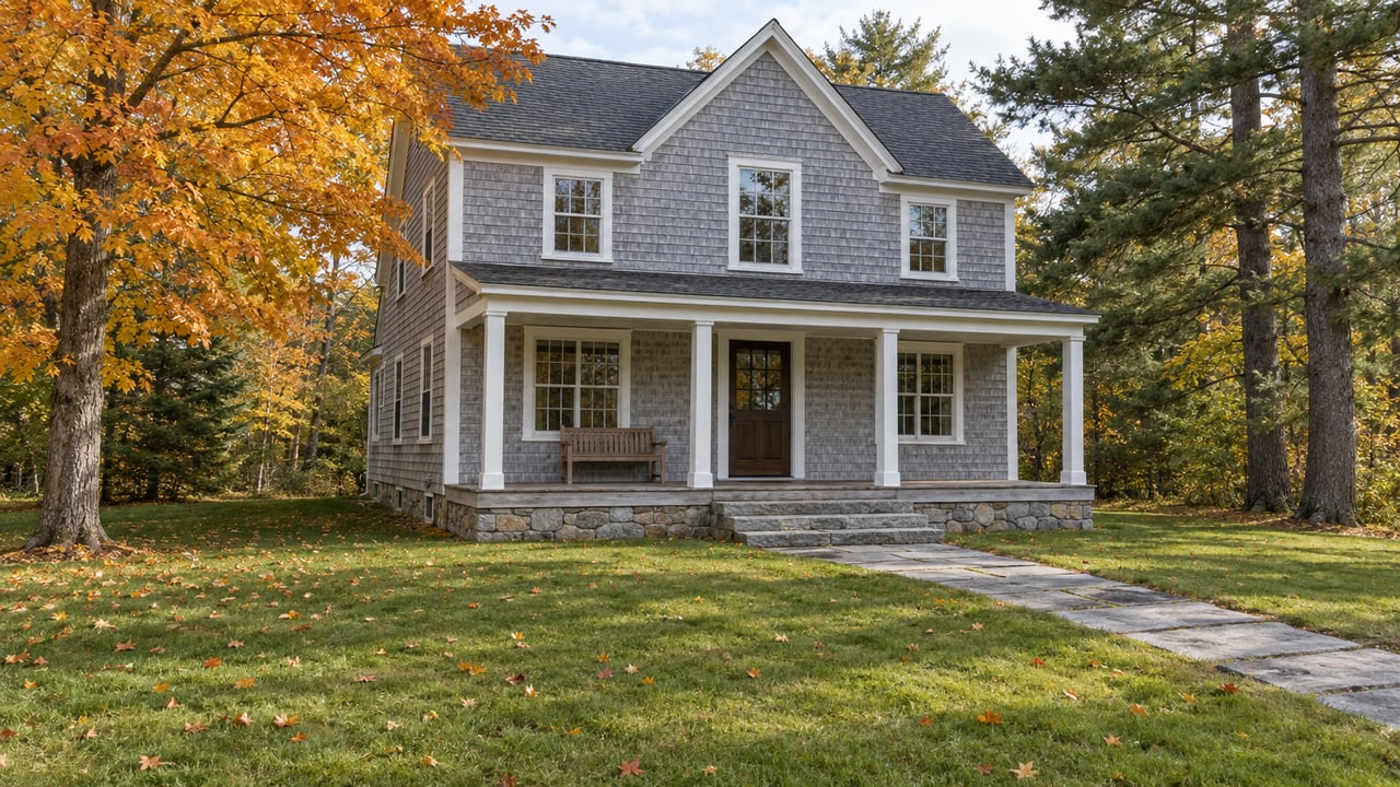 A cedar-shingled home with a broad white-post porch and granite steps beyond a deep lawn, framed by an autumn sugar maple and eastern white pines.