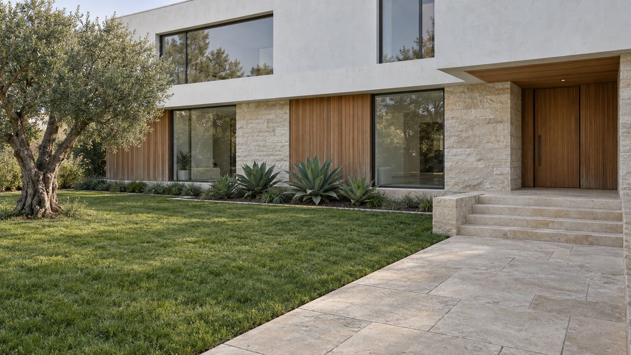Elevated view of a contemporary home with limestone paving, cedar entry, expansive windows and a silver-leaved olive tree across a deep lawn.
