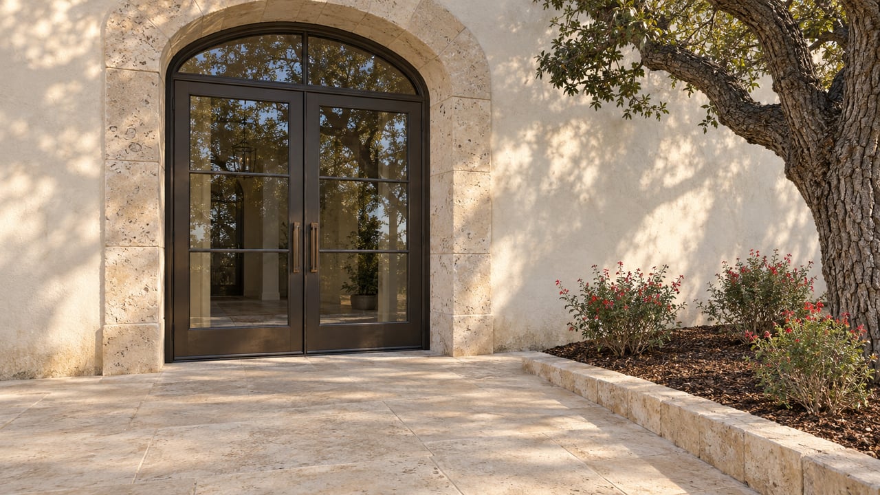 Cream stucco entrance with a limestone arch, paired bronze-framed glass doors and pale stone terrace beside a mature live oak.