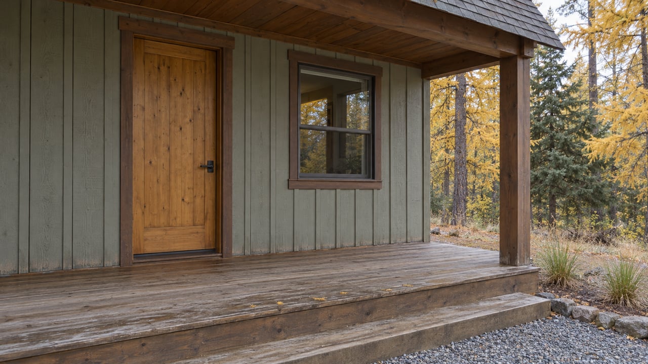 Weathered cedar porch and closed timber entry door on a sage-gray cabin, with golden larch trees beside a gravel landing.