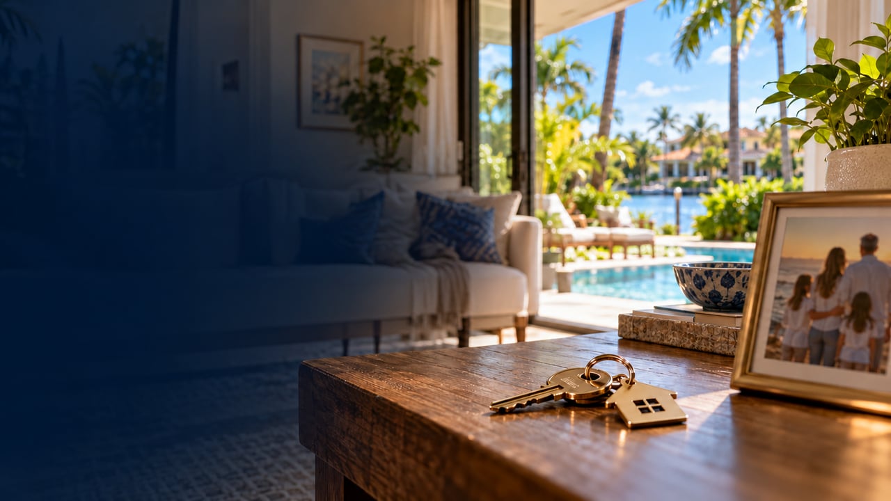 House keys and a framed family photograph on a table in a Florida home overlooking a pool and palm trees.