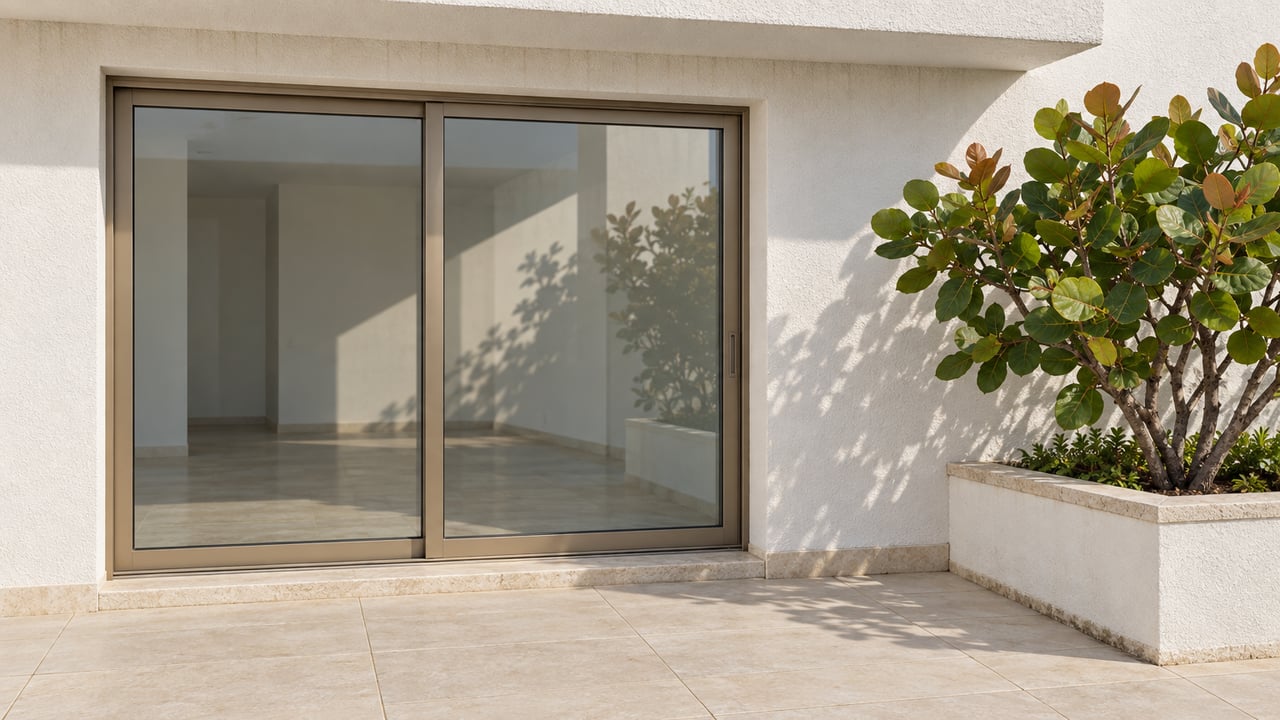 Sunlit white stucco residential terrace with closed bronze-framed glass doors, cream paving and a sea grape specimen in a raised masonry planter.