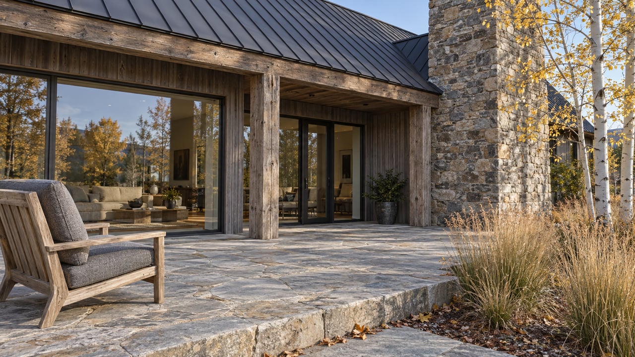 Autumn sunlight across a stone terrace beside a timber-and-stone home with dark metal roofing, broad glazing and a yellow-leaved aspen.