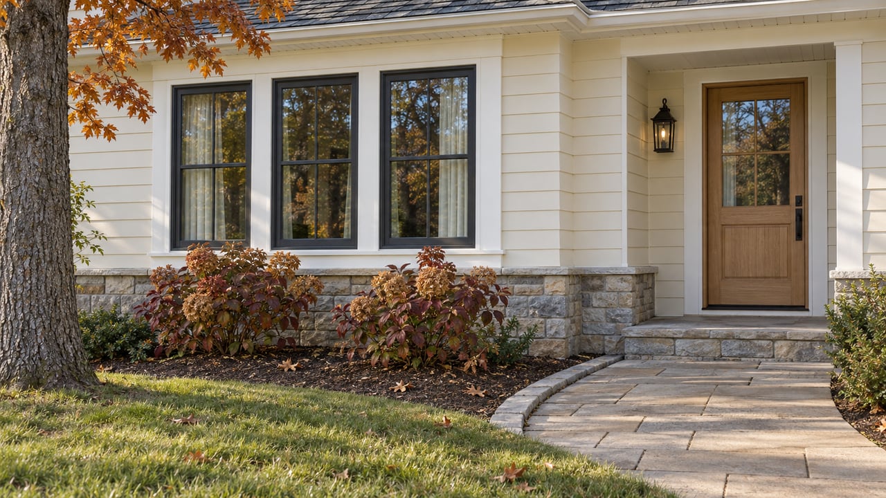 Autumn morning light on a cream-sided home with a glazed window bay, sheltered oak entry door and burgundy oakleaf hydrangeas.