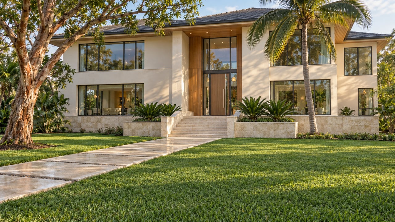 Contemporary ivory-stucco estate with broad glazed windows, a raised limestone entrance and a deep landscaped front garden.