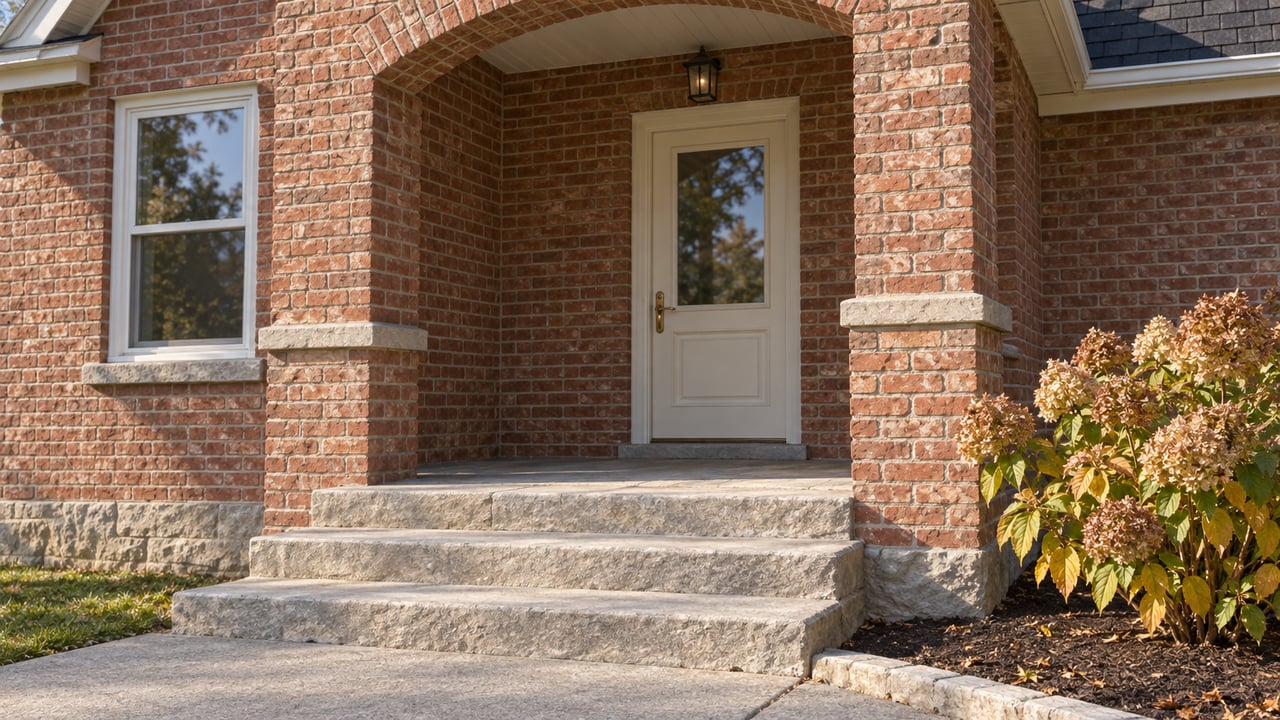 Morning sunlight on a red-brick arched porch with an ivory door, grey stone steps, and tawny hydrangea flowers.