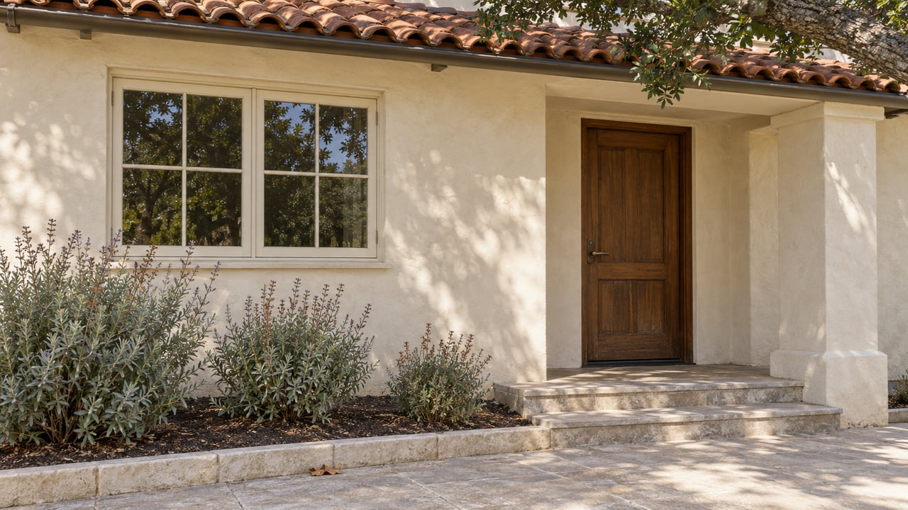 Warm stucco home entrance with a red clay tile roof, oak door, limestone steps and silver-green sage beneath an oak branch.