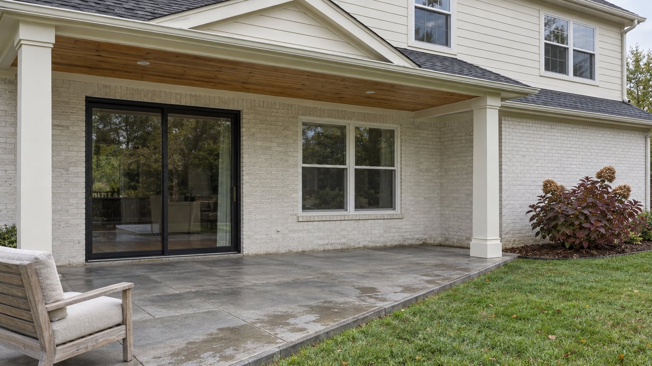 Covered patio with pale brick, cream siding, wood ceiling and a teak chair beside an autumn lawn.