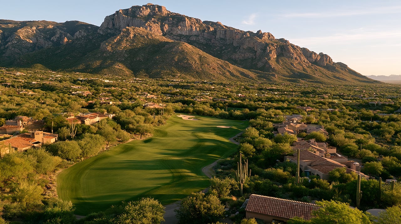 Homes and a golf course beneath a rugged mountain range in the desert.