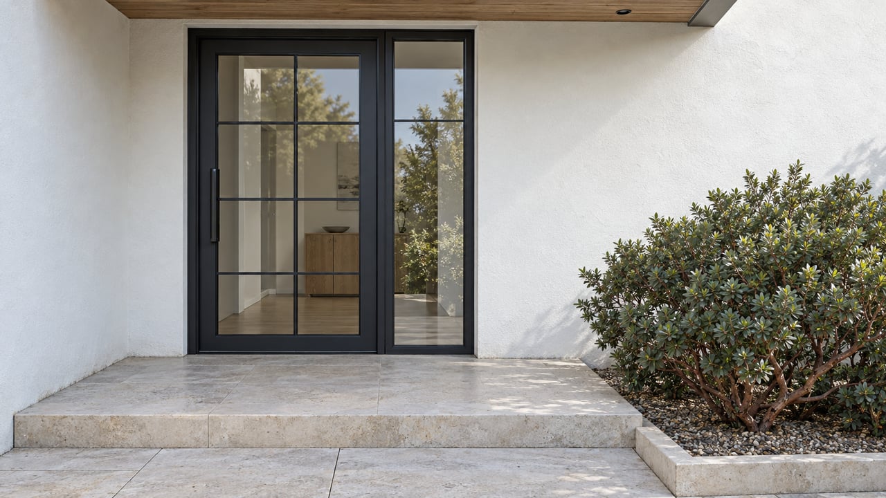 White plaster residential entry with dark steel-framed glass, a wood soffit, pale limestone steps and a sculptural manzanita shrub.