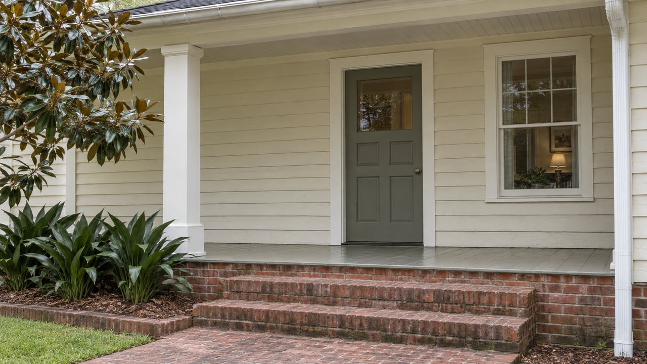 Close exterior view of a painted clapboard home with a sheltered front door, window and weathered brick porch steps.