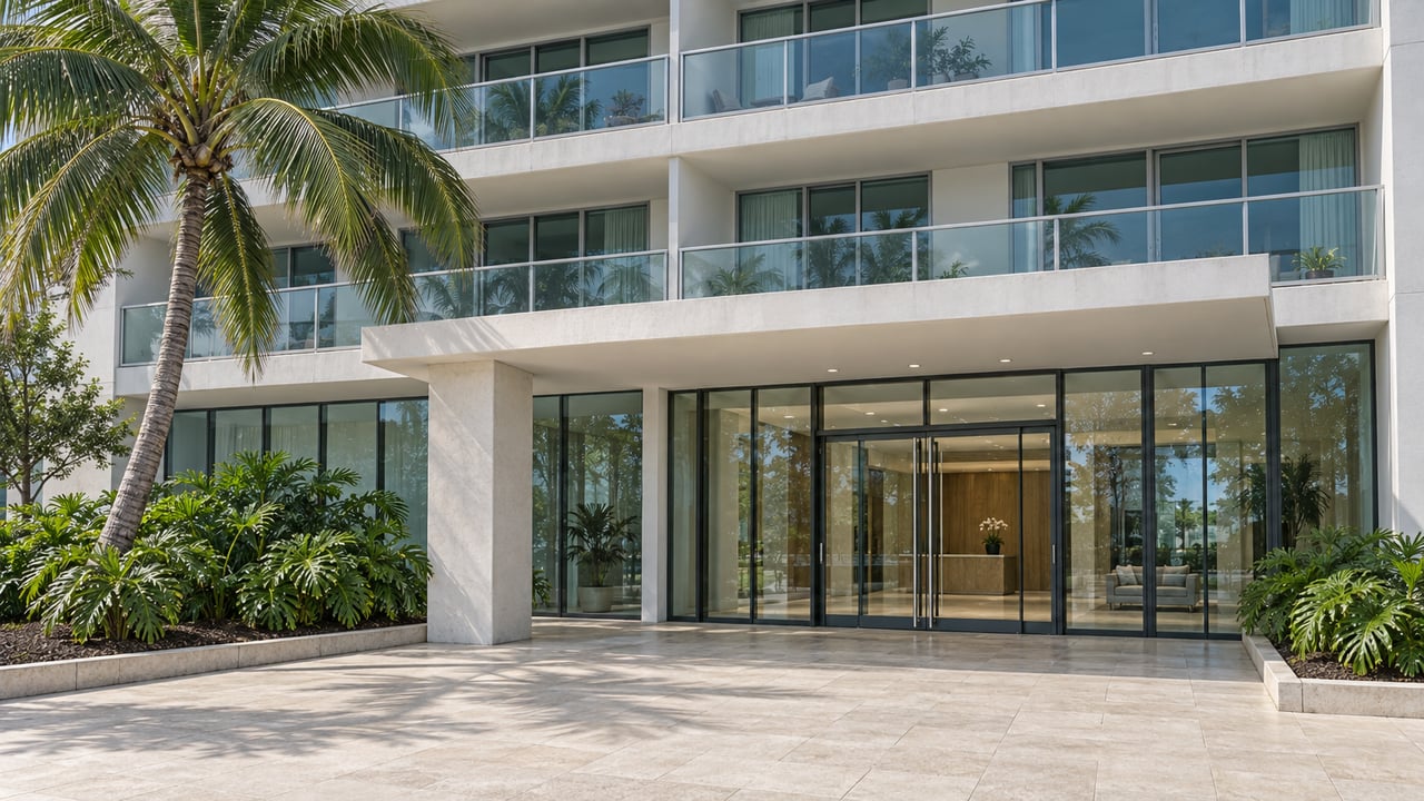 Modern condominium entrance with white concrete balconies, blue-green glazing, limestone paving and a sculptural coconut palm.